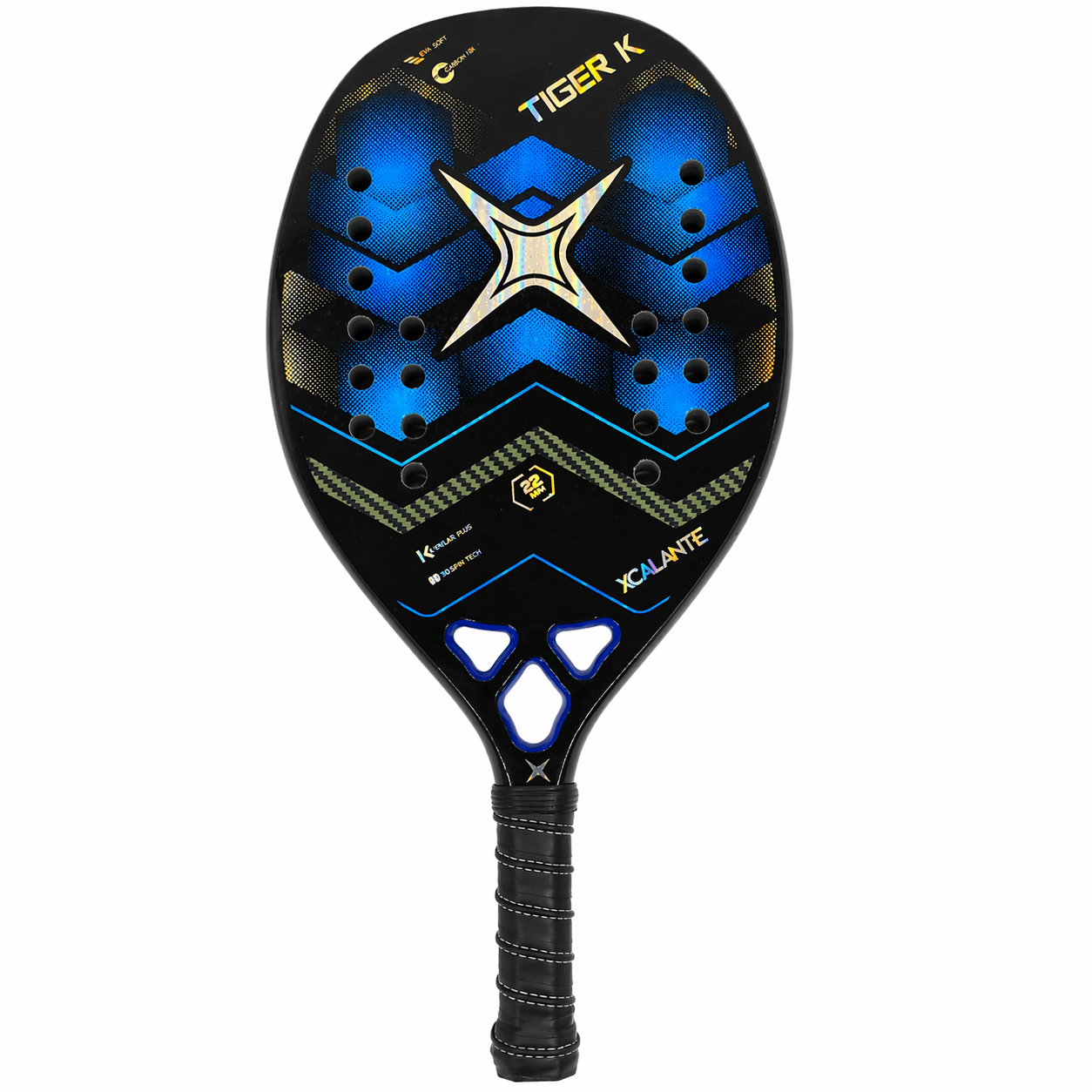Raquete de Beach Tennis Tiger K Preta e Azul Com Munhequeira e OverGrip Xcalante - X5009, imagem 1