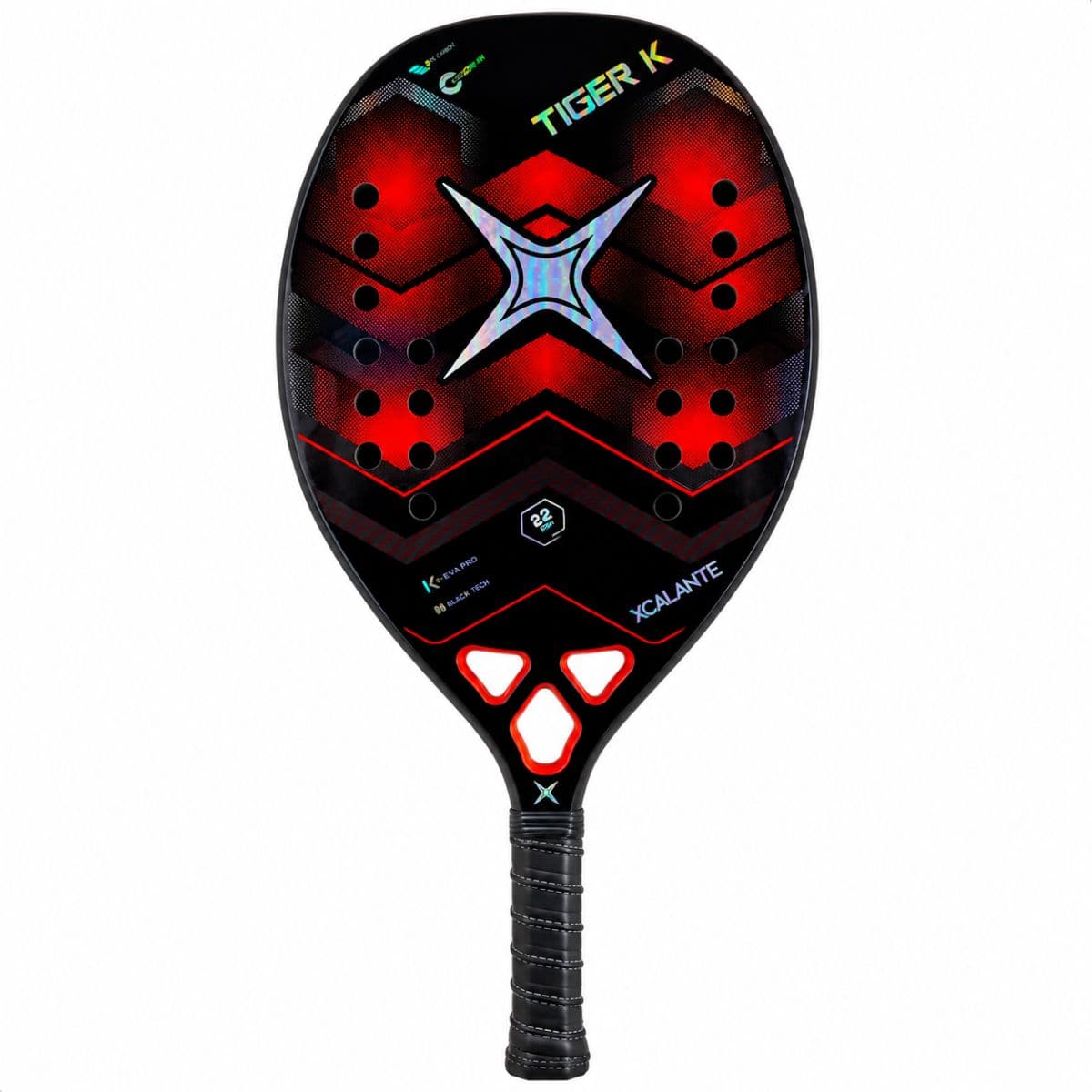 Raquete de Beach Tennis Tiger K Preta e Vermelha Com Munhequeira e OverGrip Xcalante - X5009VM