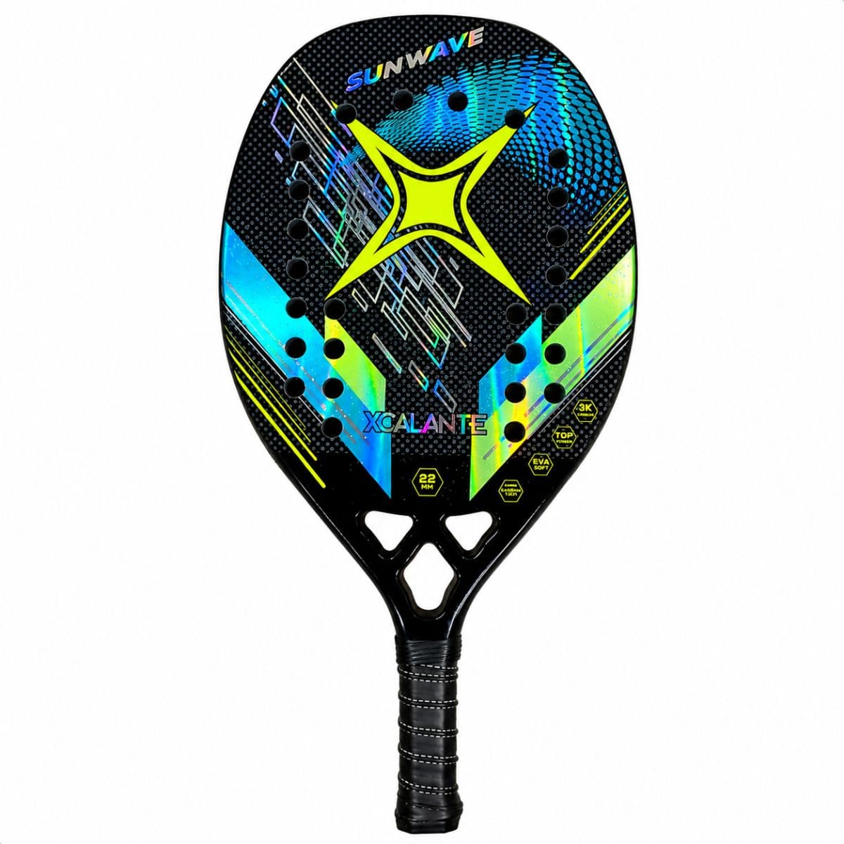 Raquete de Beach Tennis Sunwave Preta e Amarela Com Munhequeira e OverGrip Xcalante - X3202AZ