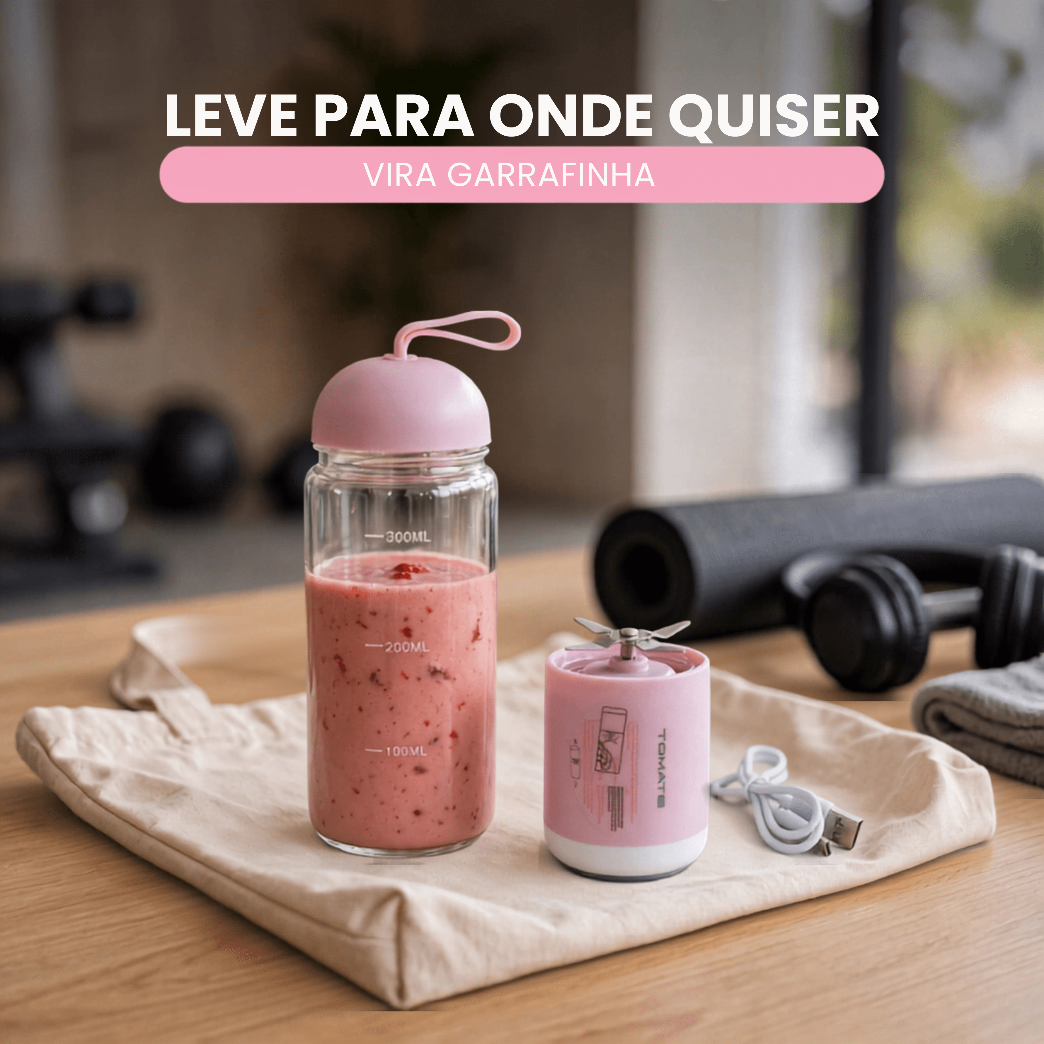 Mini Liquidificador Portátil 330ml Rosa Tomate MAZ-007