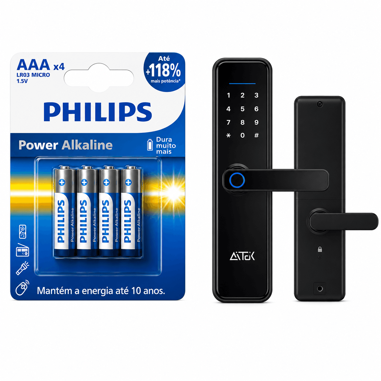 kit Fechadura Digital Biométrica Aitek - SIGMA FE05 - Aitek + Pilha Alcalina AAA Philips LR6 1.5V Power Alkaline Cartela