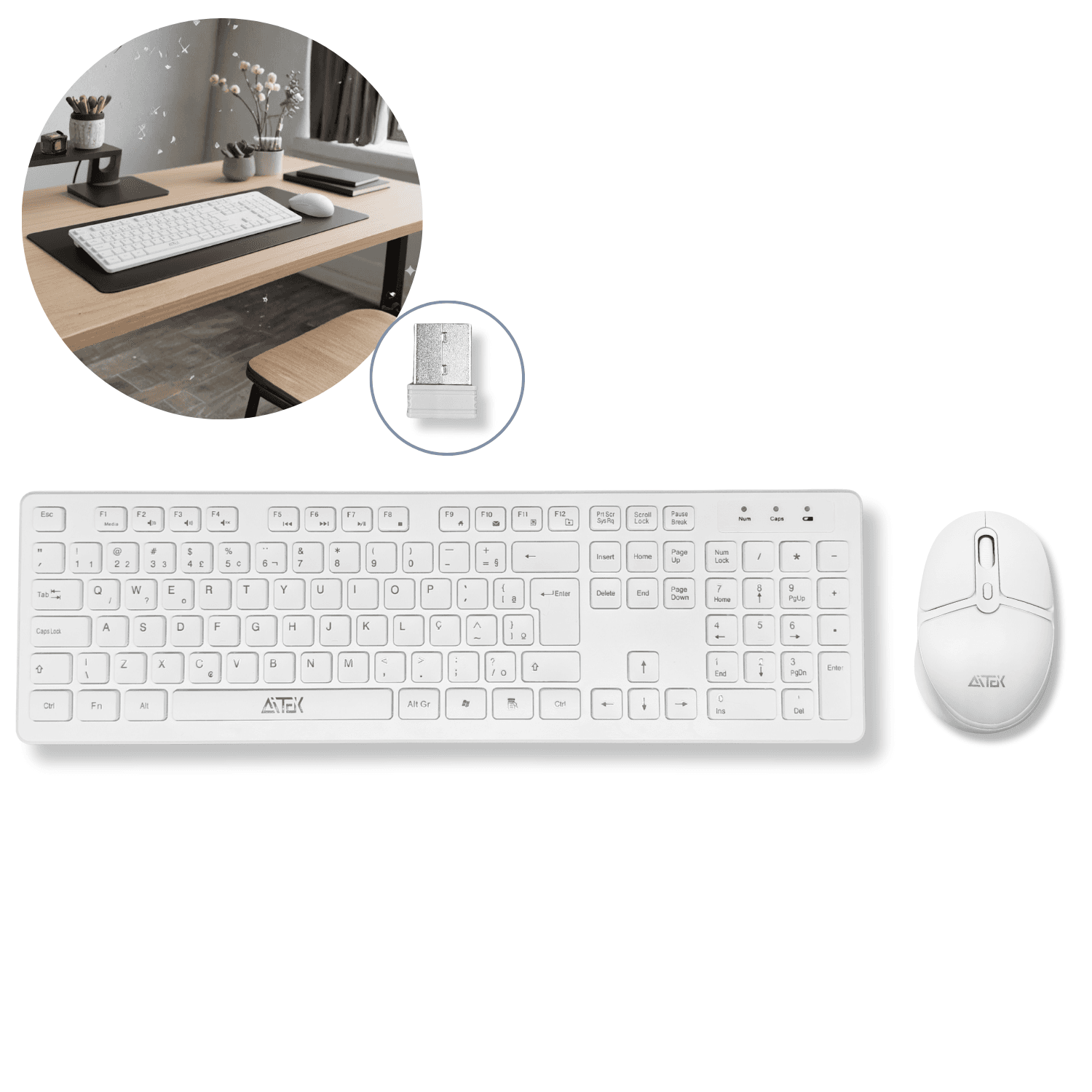 Kit Teclado e Mouse Sem Fio Branco  - AKT-W111