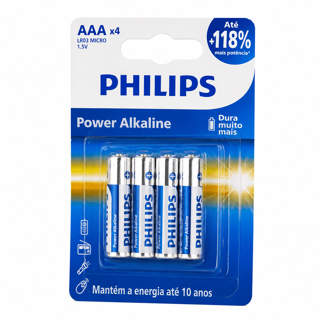 Pilha Alcalina AAA Philips LR6 1.5V Power Alkaline Cartela Com 4 Unidades