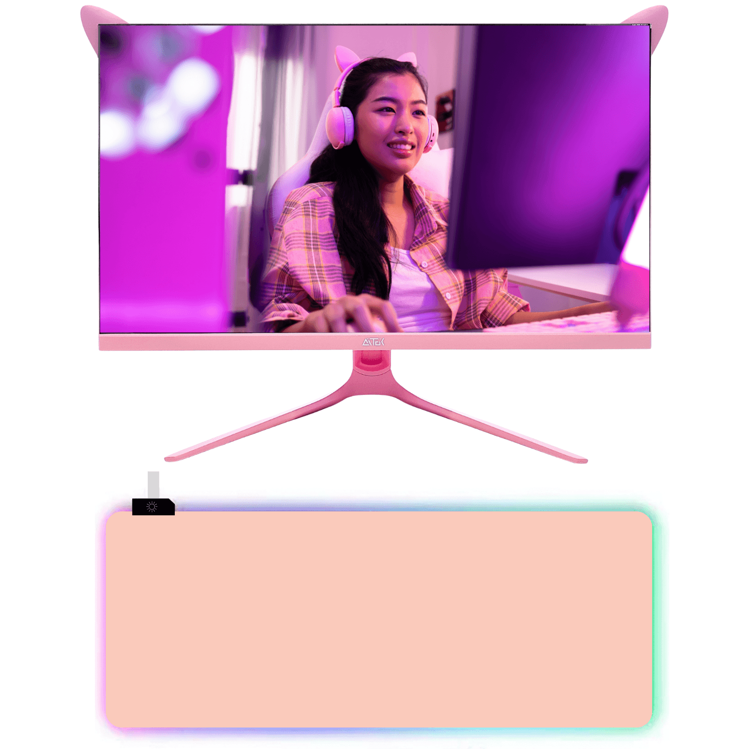 Kit Monitor Led 27 Rosa Aitek - DELTA-M2710RA Aitek + Mousepad Gamer LED RGB 80x30 CM Cor Rosa P8030 DELTA, imagem 1