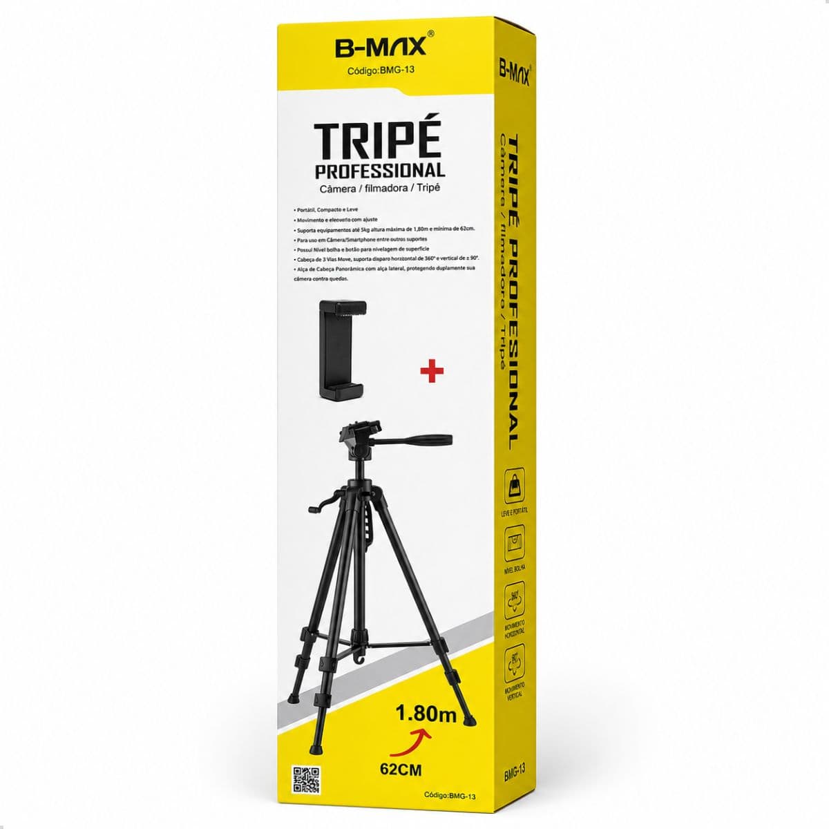 Tripé Profissional Com Suporte Celular E Nível Bolha 1,80m B-Max BMG-13