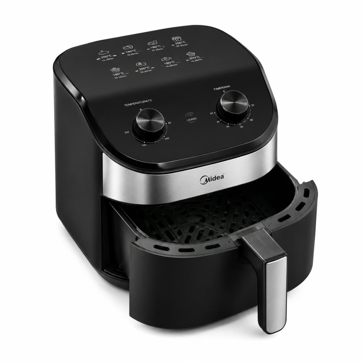 KIT Fritadeira Air Fryer Midea WideMax 4,5L Preto Inox 127V + Grill Sanduicheira Britânia Press 2 em 1 Inox Antiaderente