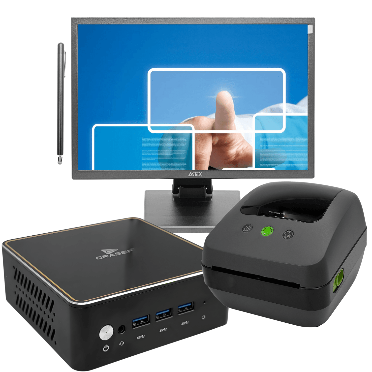 Mini PC Grasep D-PC001 + Monitor Touchscreen Aitek 22" + Impressora Térmica Tomate MDK-008, imagem 1
